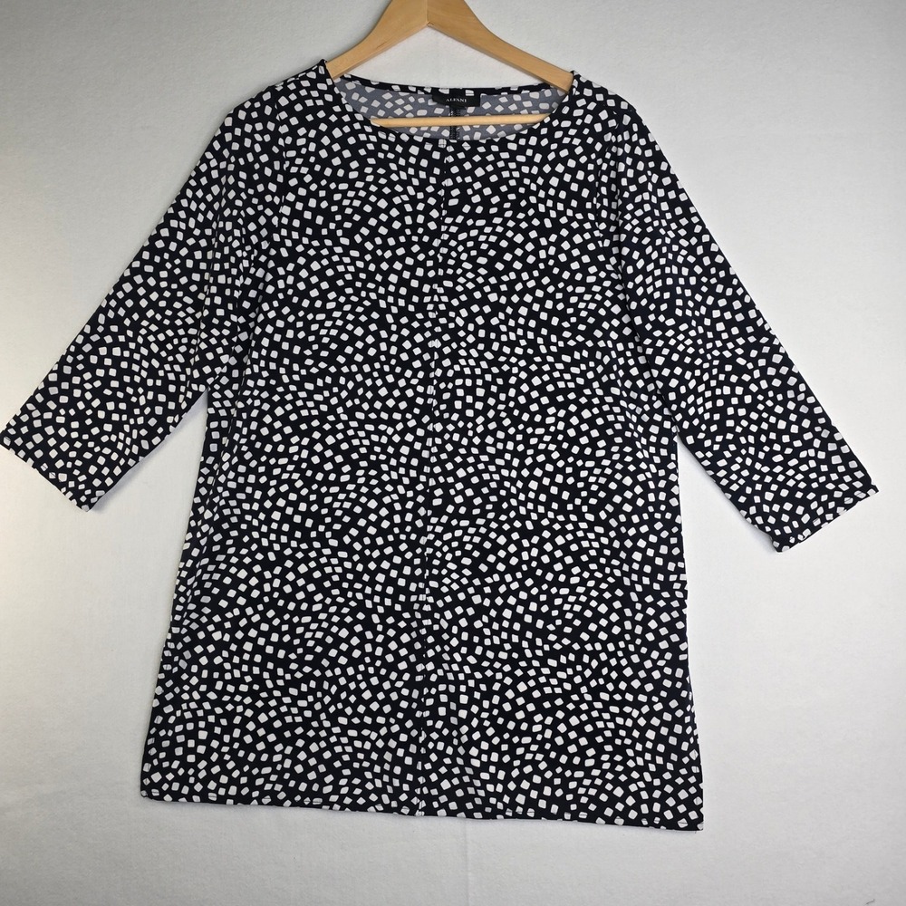 Alfani Womens Black White Geometric Square Print 3/4 Sleeve Tunic Top Size M